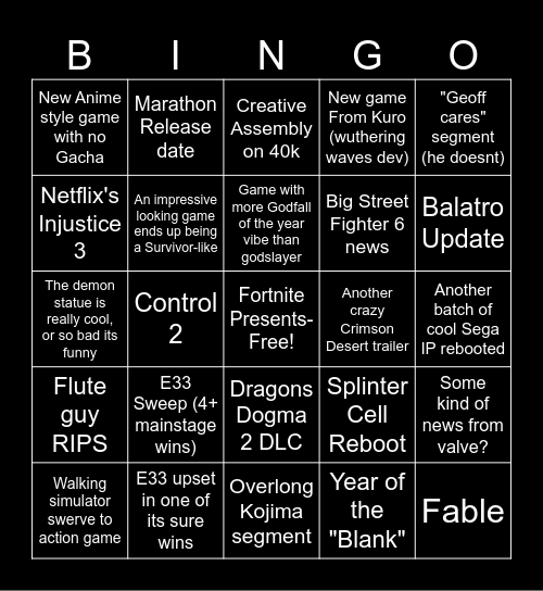 The Game Awards 2025 Bingo Card
