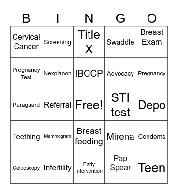 MCH & WOMEN'S HEALTH BINGO Card