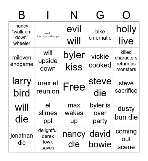 stanger things 2 Bingo Card