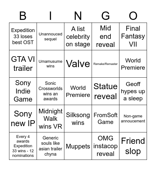 Game Awards 2025 Bingo Card