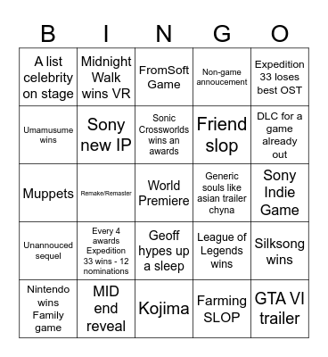 Game Awards 2025 Bingo Card