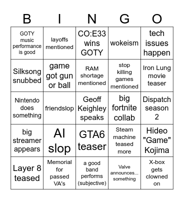 Game Awards '25 bingo Card