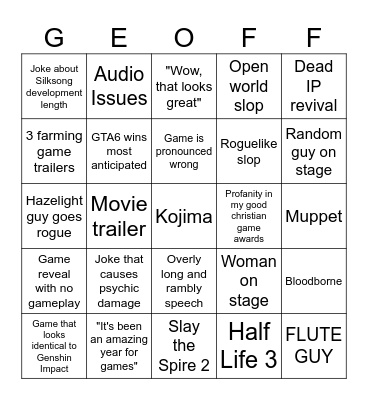 Game Awards 2025 Party Bingo Card