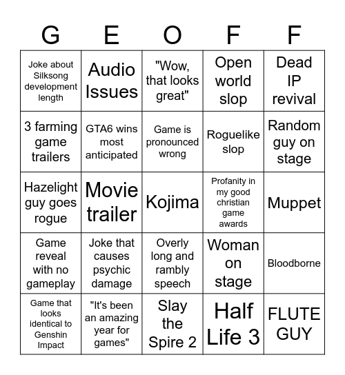 Game Awards 2025 Party Bingo Card