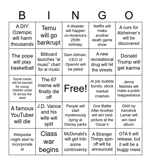 2026 Predictions Bingo Card