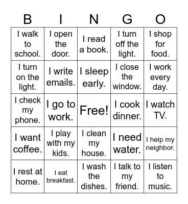Simple Present Tense Sentences Bingo Card