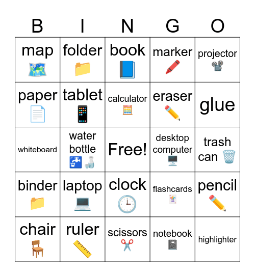 Classroom Items Bingo Card
