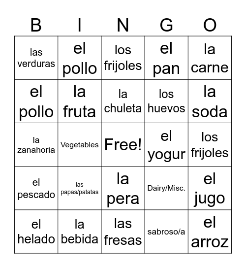 S.2 L.2 La comida Bingo Card
