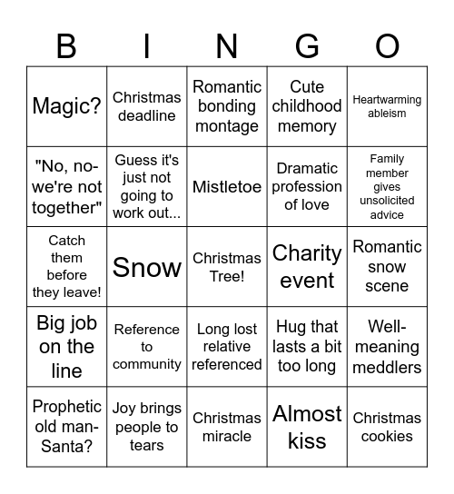 Holiday Rom Com Bingo Card