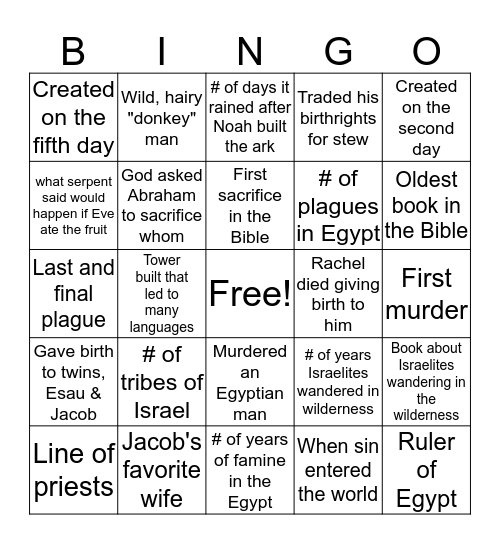 Beginning of the Bible Bingo Card