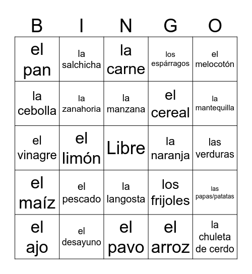 S2 L.2 La comida Bingo Card