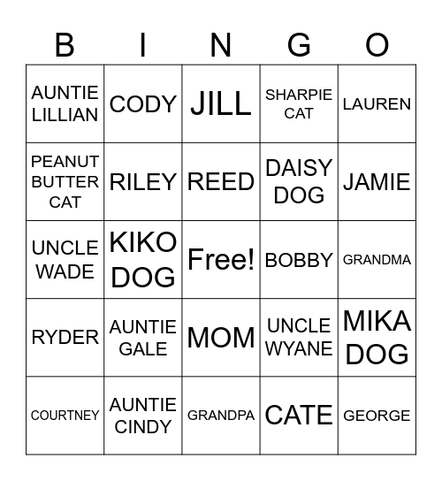 Family and Friends Bingo Card