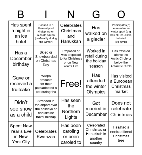 Jingle MingleStranded in the airport over the holidays or had similar travel mishapStranded in the airport over the holidays or had similar travel mishap Bingo Card