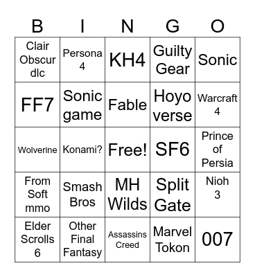 Game Awards 2025 Bingo Card