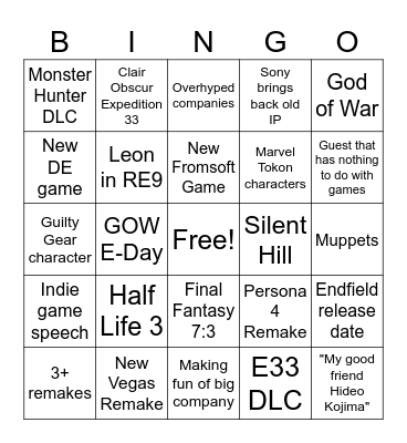 Game Awards Bingo Card