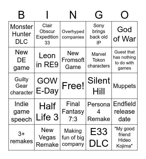 Game Awards Bingo Card