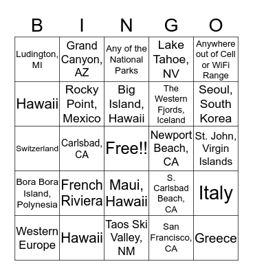 Colleagues Favorite Places to Vacation Bingo Card