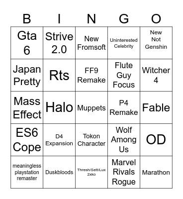 Game Awards Bingo Card