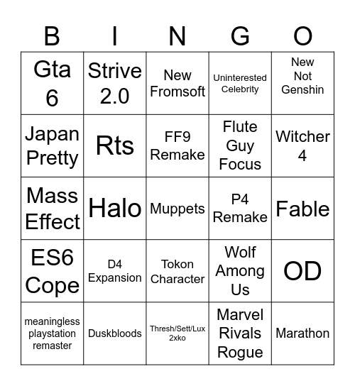 Game Awards Bingo Card