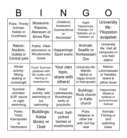 Activity Bingo Card