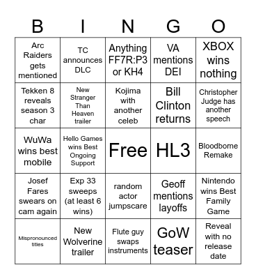 TGA 2025 Bingo Card