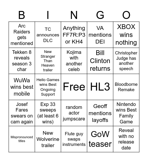 TGA 2025 Bingo Card