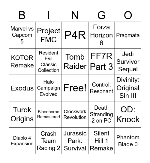 Games Announced at TGA Bingo Card