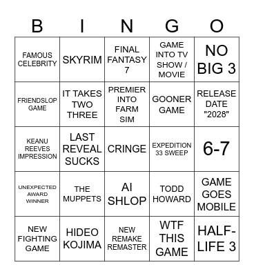 Game Awards Bingo Card