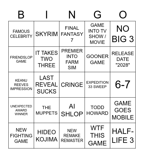 Game Awards Bingo Card