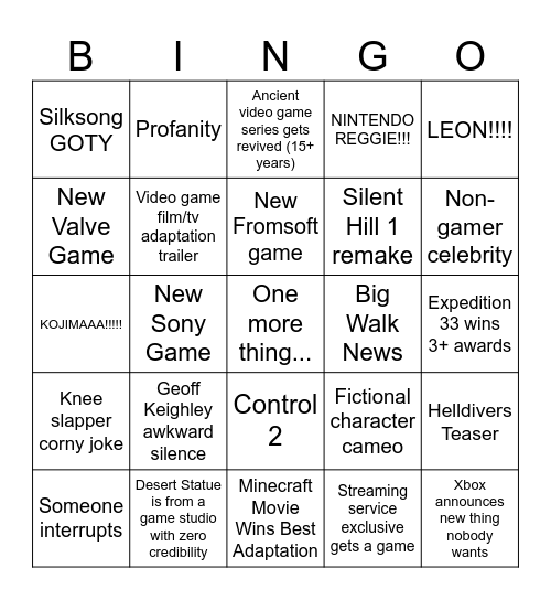 Game Awards 2025 Bingo Card