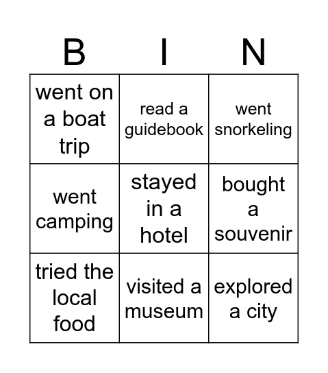 Past holiday Bingo Card