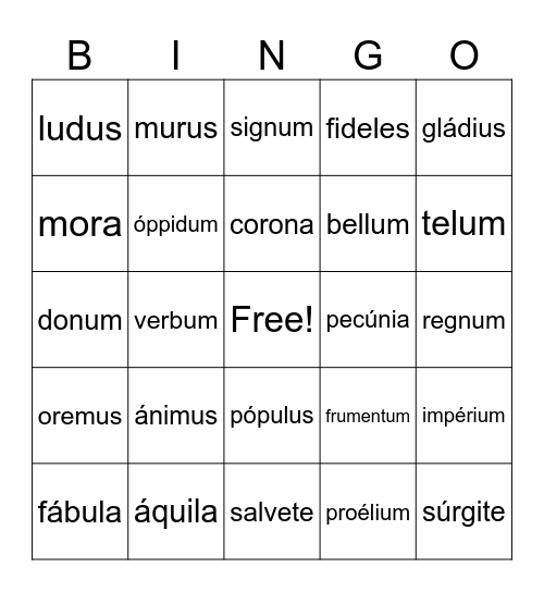 Latin Bingo Card