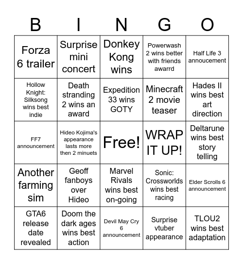 GOTY bingo Card