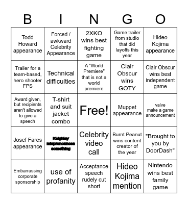 Game Awards 2025 Bingo Card