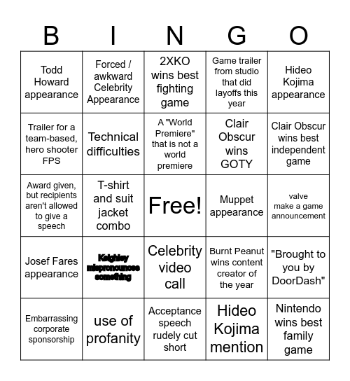 Game Awards 2025 Bingo Card