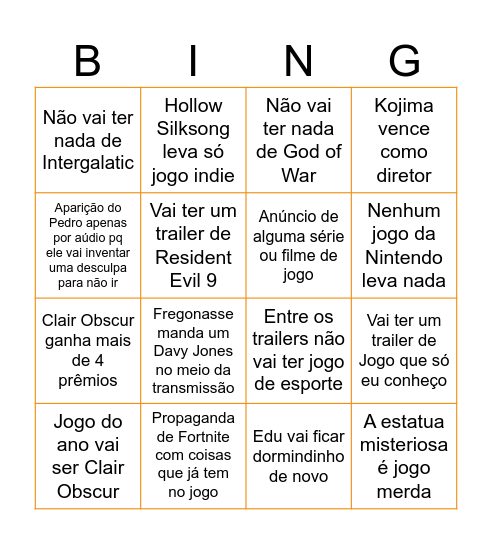 The Game Awards 2025 Bingo Card