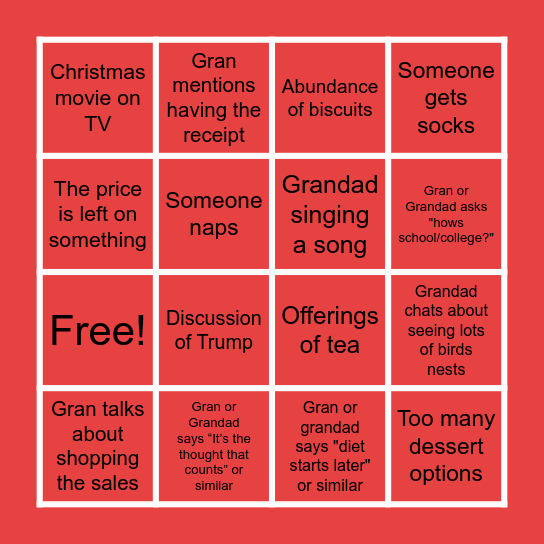 Gran and Grandad Christmas Bingo. Bingo Card