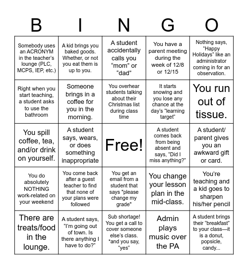 Teaching During the Holidays Bingo Board Bingo Card