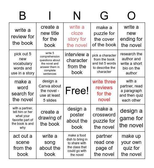 Novel Bingo Card
