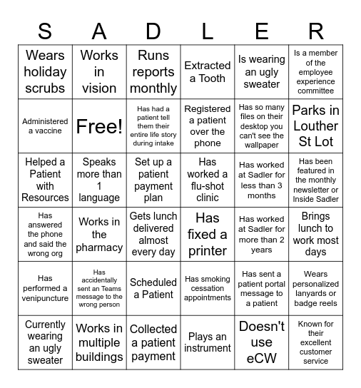 Sadler Bingo Card