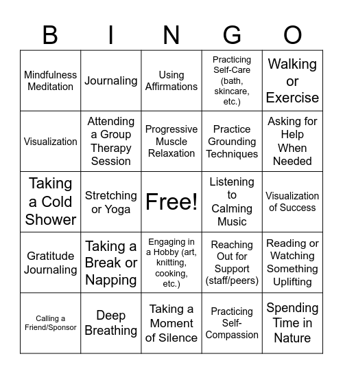Coping Skill Bingo Card