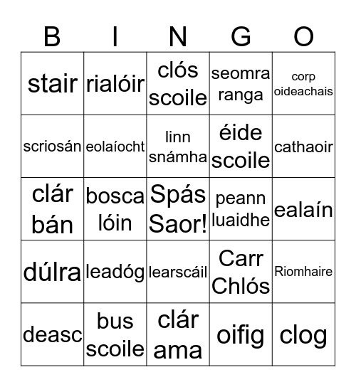 Cluiche Bingo Card