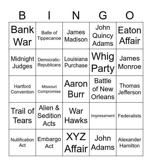 Early Republic Bingo Card