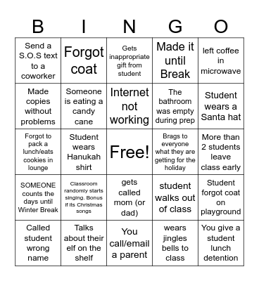 Teacher Bingo before Winter Break Bingo Card