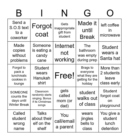 Teacher Bingo before Winter Break Bingo Card