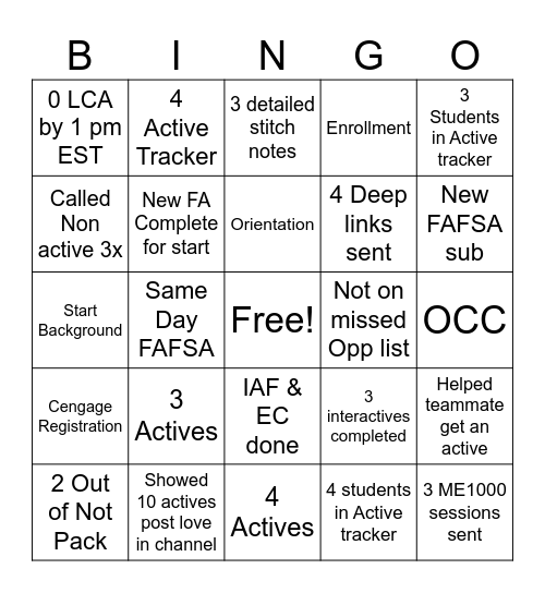 Grier Start Day 2 week Bingo Card