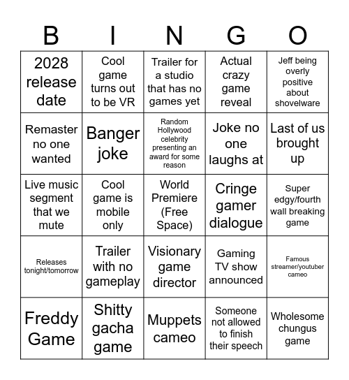 Game Awards 2025 Bingo Card
