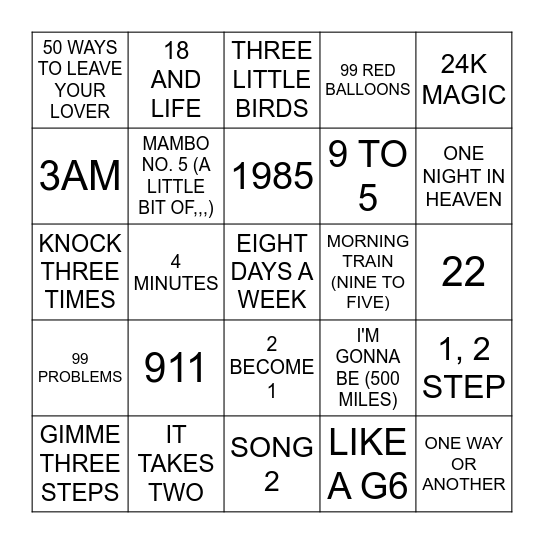 NUMBERS Bingo Card