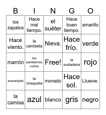 La Ropa, El Tiempo, Los Colores Bingo Card