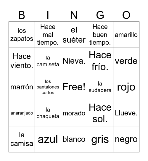La Ropa, El Tiempo, Los Colores Bingo Card